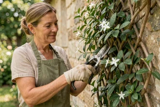 Jardinière taillant un jasmin étoilé sur un mur en pierre avec un sécateur, dans un jardin de style campagne française au printemps