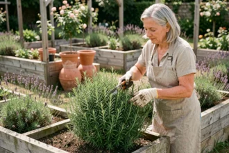 Femme taillant un buisson de romarin dans un potager traditionnel français avec des cisailles de jardinage