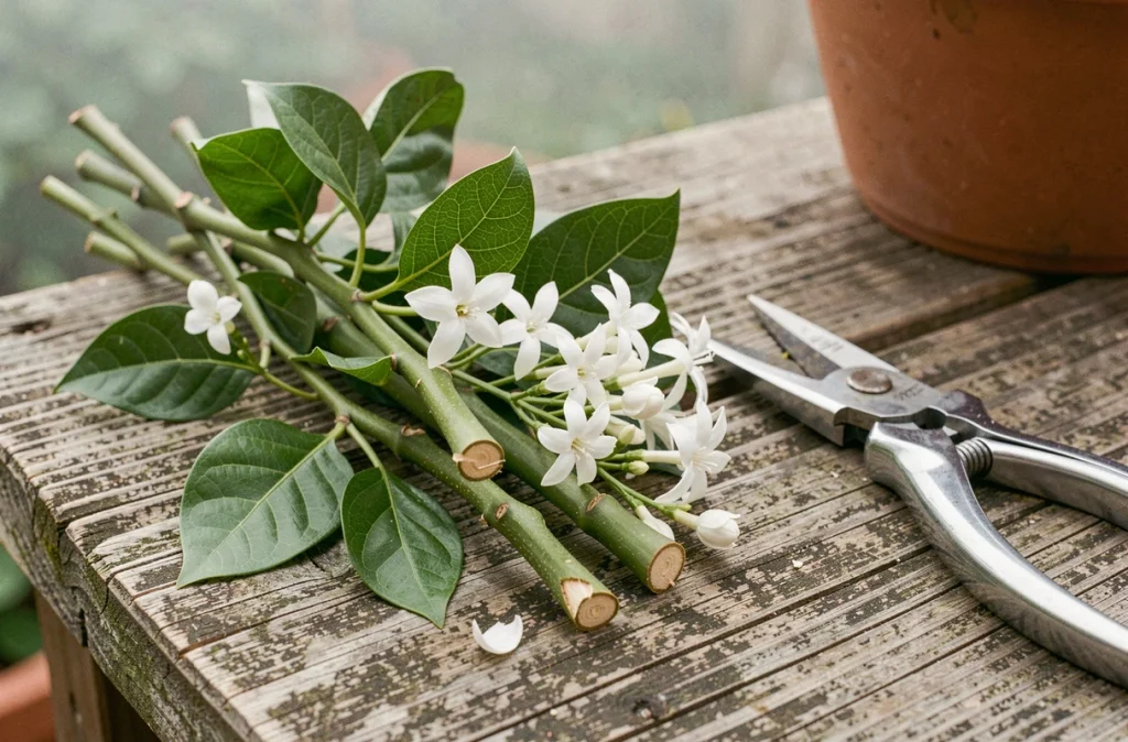 Gros plan sur des tiges de jasmin étoilé fraîchement taillées avec des fleurs blanches en étoile posées sur une table de jardinage en bois