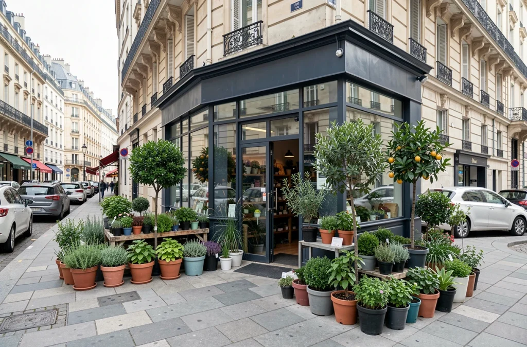 Jardinerie Truffaut en contexte urbain à Bordeaux rue du Château d'Eau avec des plantes pour balcon et petits arbres fruitiers exposés sur le trottoir devant une façade moderne
