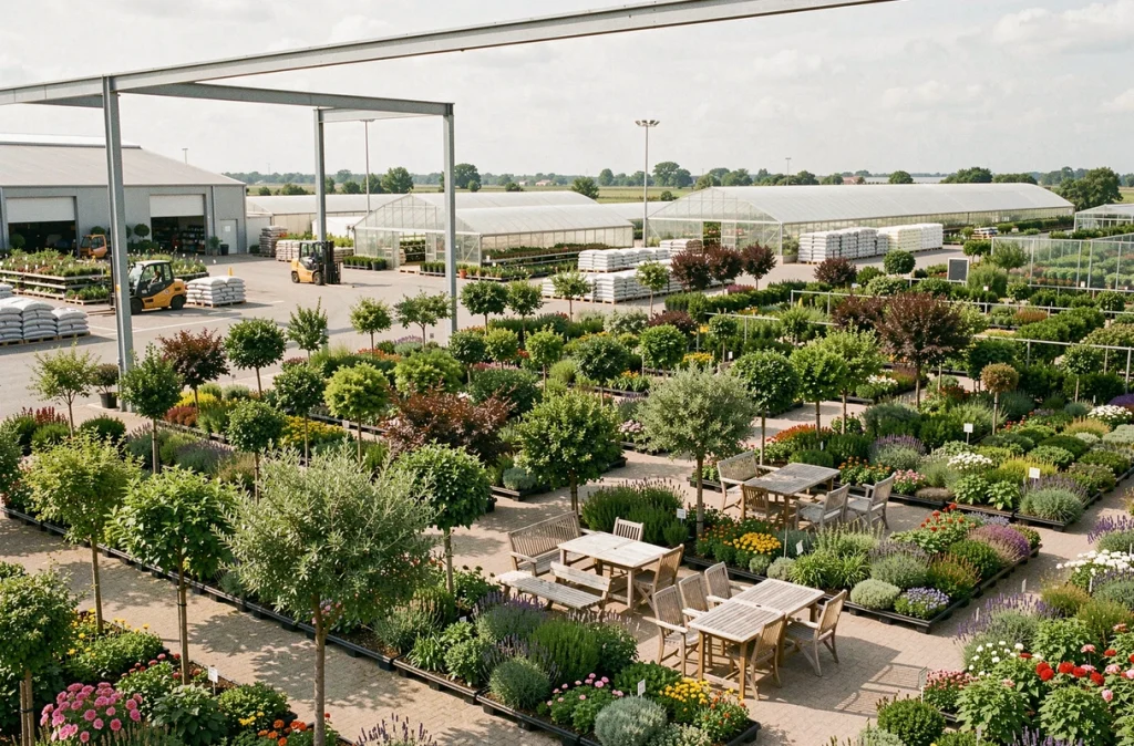 Grande jardinerie Truffaut de Mérignac en format périurbain avec d'immenses rangées d'arbres ornementaux, de plantes vivaces et de mobilier de jardin sous une structure ouverte