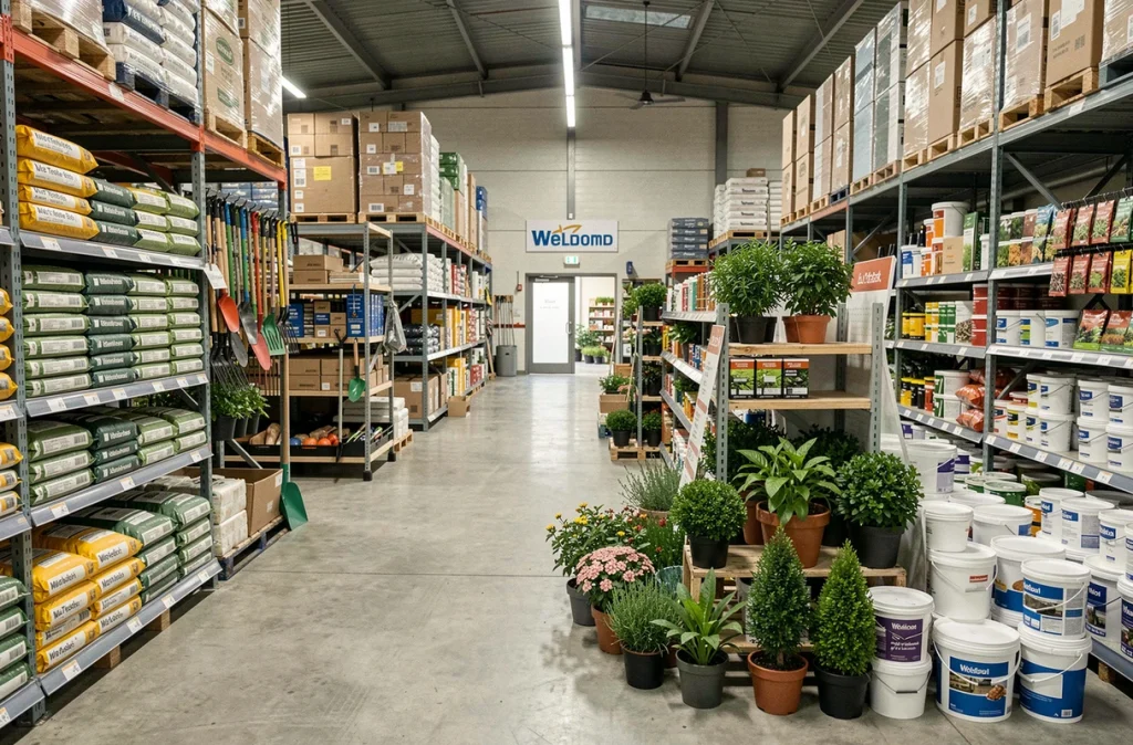 Rayon jardinerie du magasin Weldom de La Teste-de-Buch avec ses allées de bricolage comprenant terreau, outils de jardin, sachets de graines et un espace plantes saisonnières à l'entrée du magasin