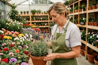 Femme examinant une plante de lavande en pot dans une jardinerie du Grand Est, entourée de plantes colorées et de pots en terre cuite
