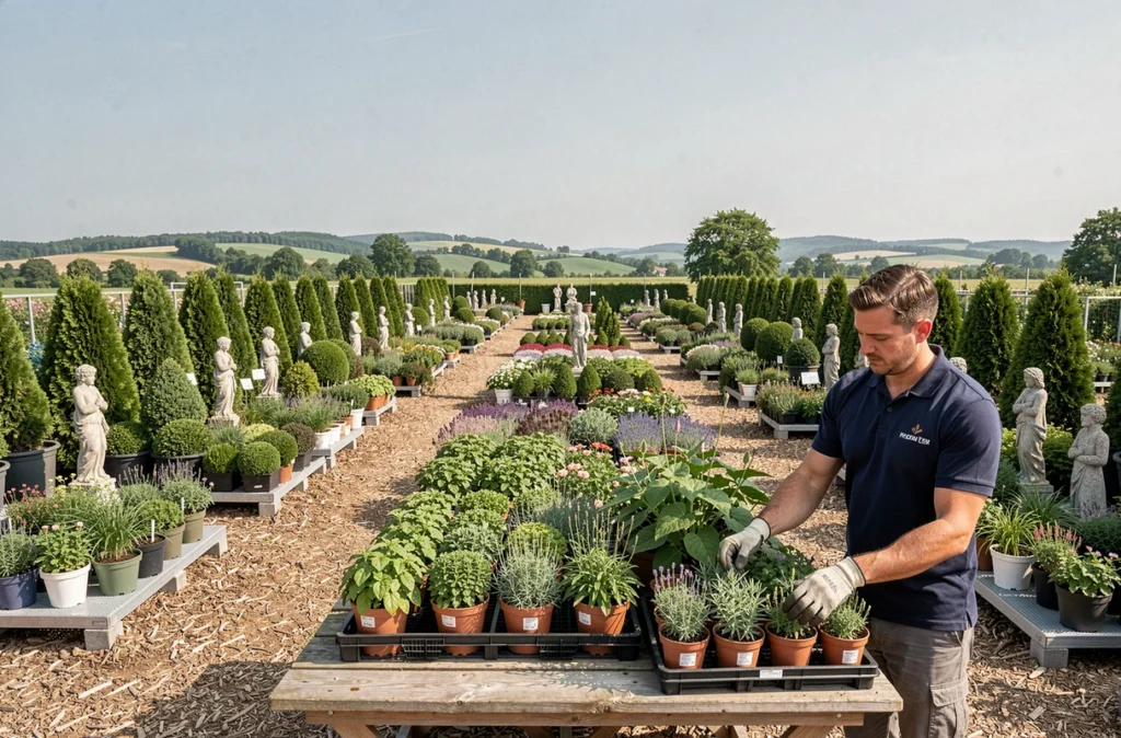 Vue extérieure d'une grande jardinerie dans le Grand Est avec un large espace de vente de plantes et arbustes ornementaux en plein air